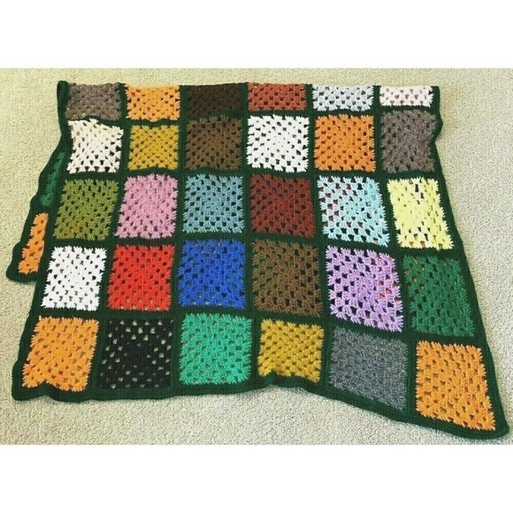 Handmade Bright Block Afghan Throw Crochet Black Jewel Fall Roseanne Colorful - Picture 1 of 10
